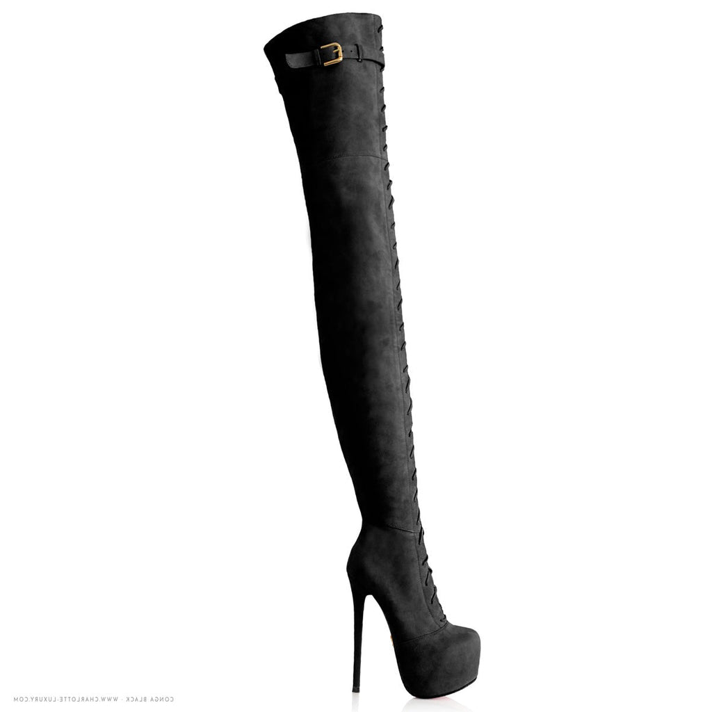 Conga 150 Black Suede · Charlotte Luxury · Luxury High Heels Thigh High Boots · Yarose Shulzehnko Ada de Angela Boots · Thigh High custom Made Boots