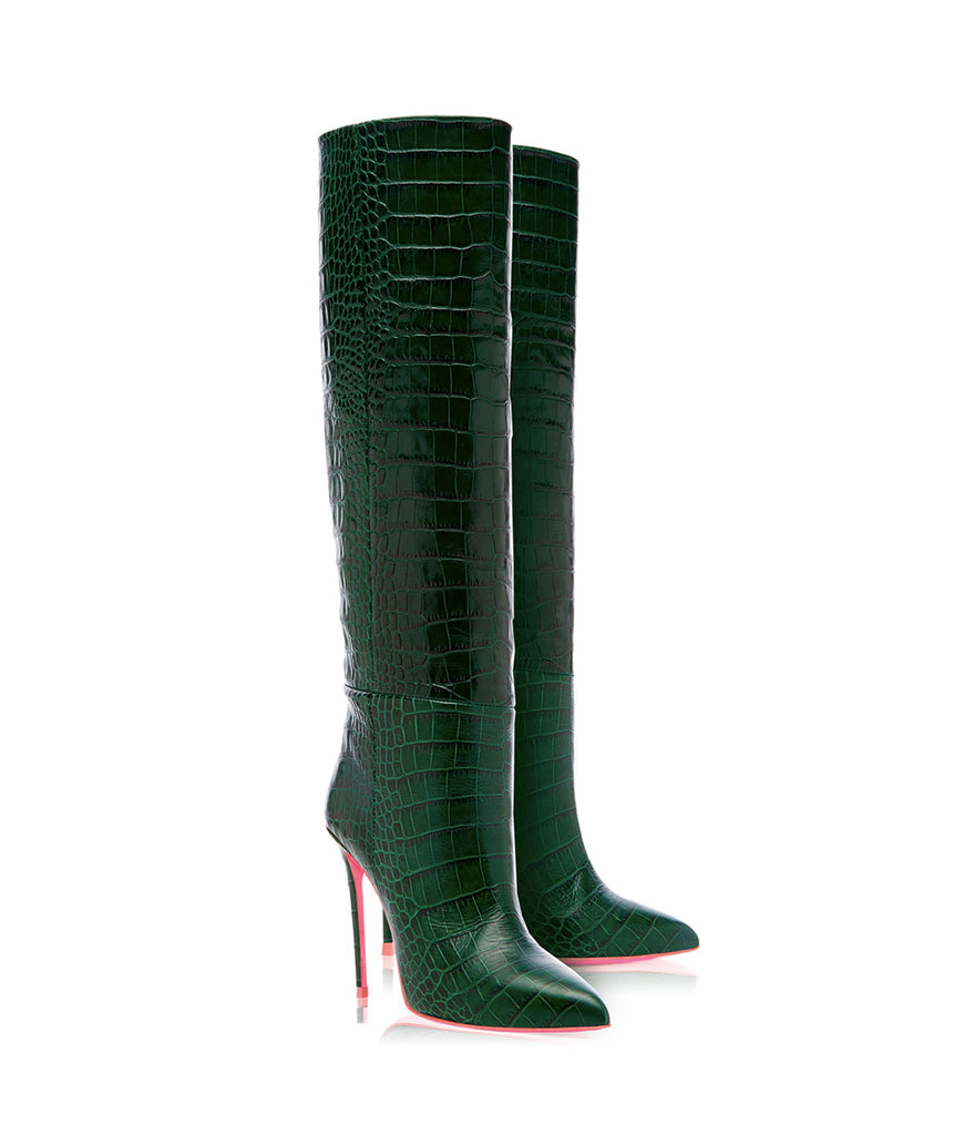 Dubhe Green Crocodile  · Ada de Angela High Heels Boots · Ada de Angela Shoes · High Heels Boots · Luxury Boots · Knee High Boots · Stiletto · Leather Boots