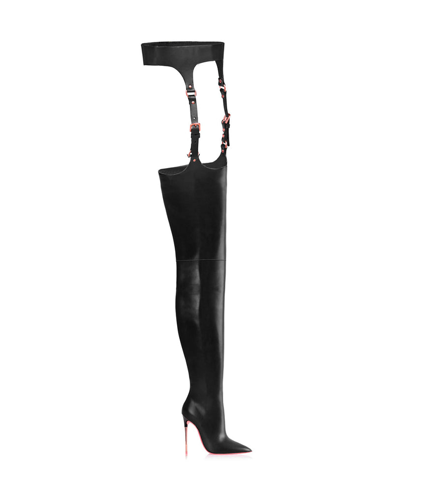 Nashira  Black · Ada de Angela High Heels Boots · Custom Made Boots · High Heels Boots · Luxury Boots · Over Knee High Boots · Stiletto · Leather Boots Crotch Thigh Strap Boots Metallic Heel