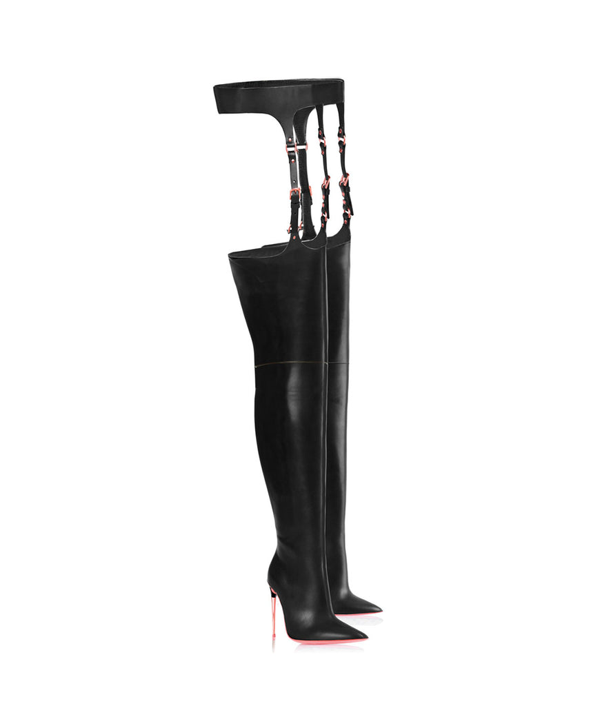 Nashira  Black · Ada de Angela High Heels Boots · Custom Made Boots · High Heels Boots · Luxury Boots · Over Knee High Boots · Stiletto · Leather Boots Crotch Thigh Strap Boots Metallic Heel